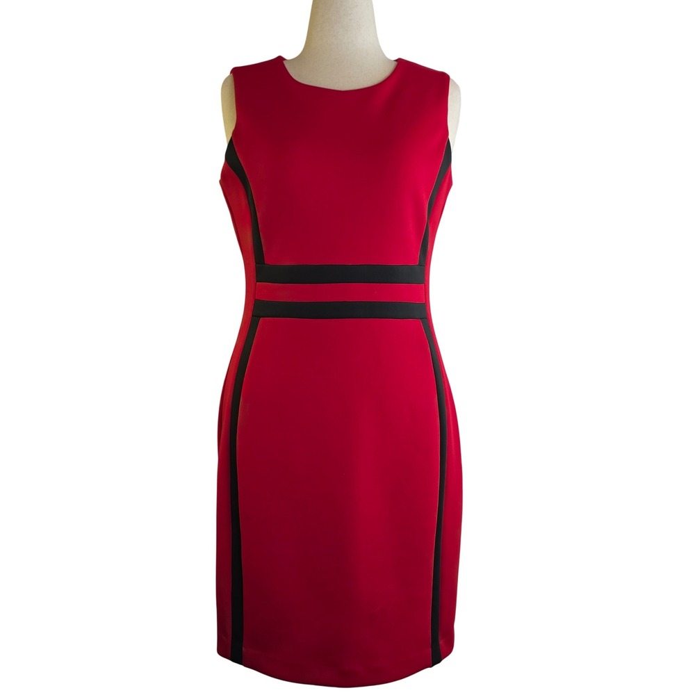 Calvin Klein Sheath Dress Womens 12 Red Black Colorblock Scuba Stretch Career